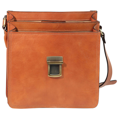 Borsa a tracolla in pelle marrone con tasca frontale e fermaglio metallico
