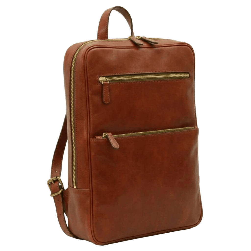Zaino in pelle marrone Mogano con fascia trolley, due tasche con zip