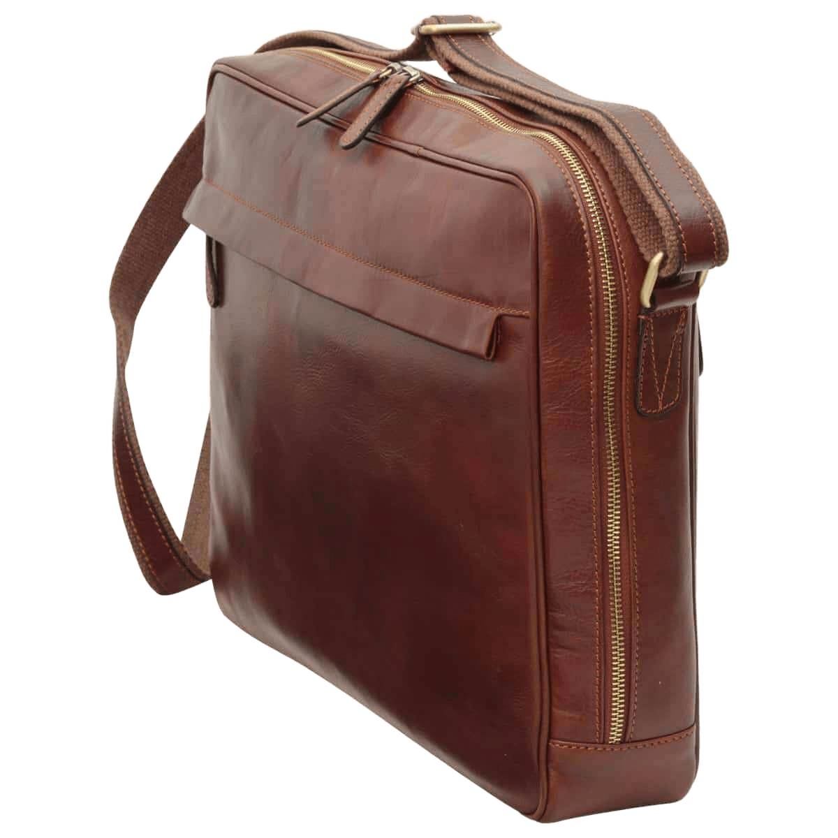 Borsa messenger in pelle marrone laterale con zip e fibbie in metallo