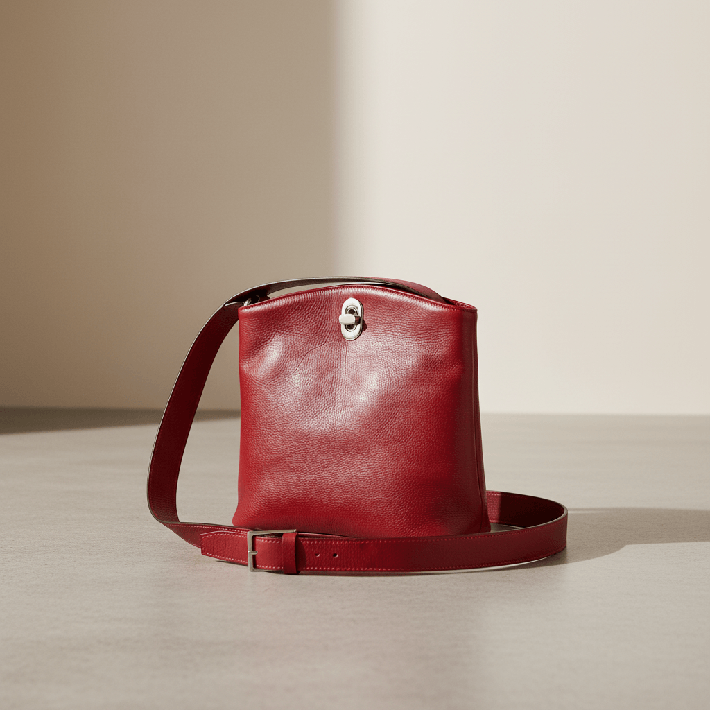 Borsa a secchiello rossa in pelle pieno fiore con chiusura a fibbia metallica e tracolla