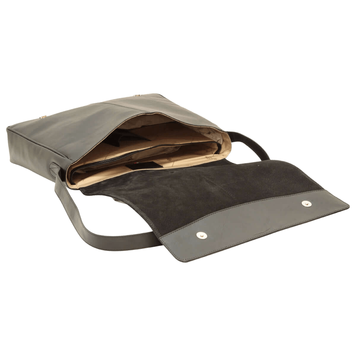 Borsa messenger in pelle nera aperta con fodera e tasca interna