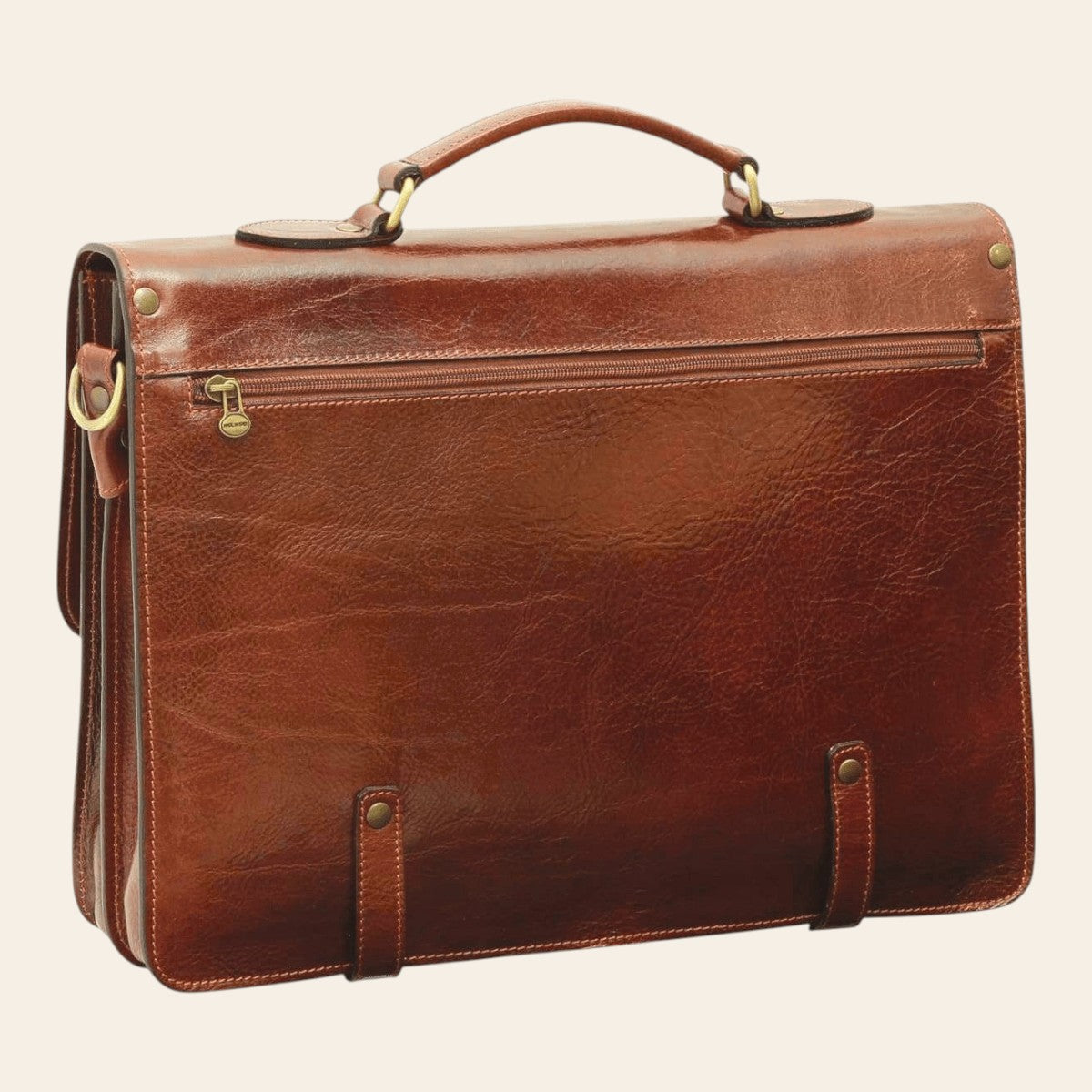 Cartella in pelle marrone con manici e patta frontale con zip decorativa