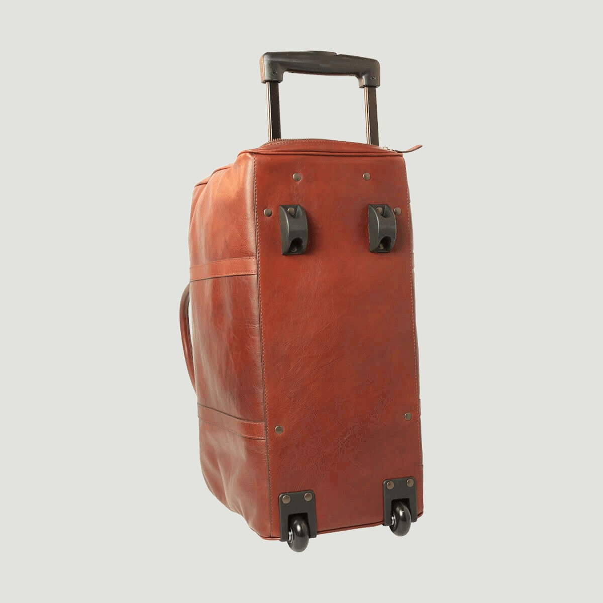 Borsone da viaggio in pelle marrone mogano con maniglia trolley e ruote