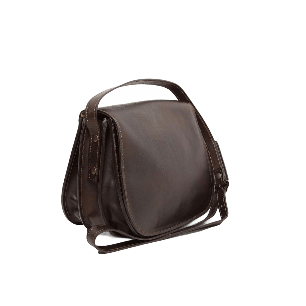 Borsa a tracolla in pelle testa moro, vista laterale: tracolla e chiusura zip