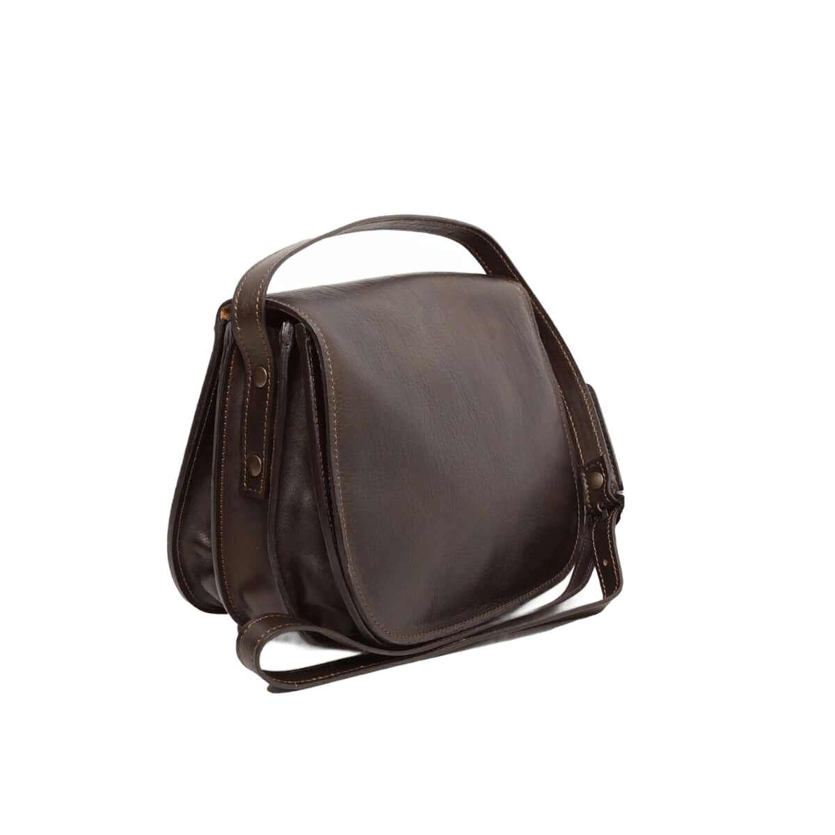 Borsa a tracolla in pelle testa moro, vista laterale: tracolla e chiusura zip