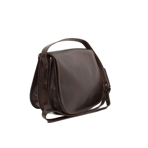 Borsa a tracolla in pelle testa moro, vista laterale: tracolla e chiusura zip