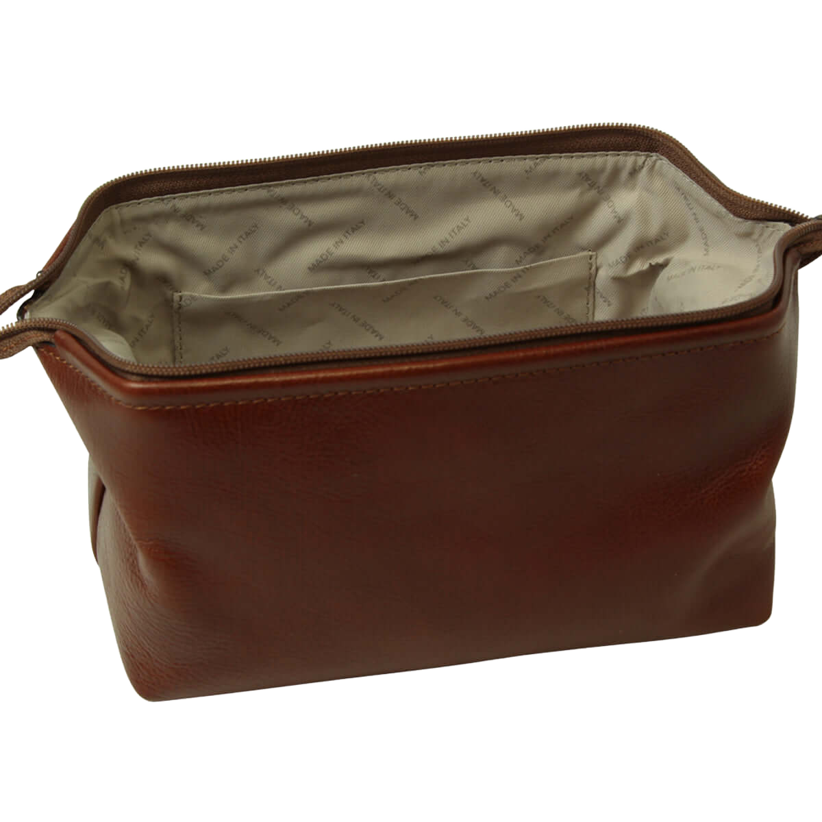 Astuccio cosmetici in pelle marrone con interno in tessuto e bordi con cuciture.