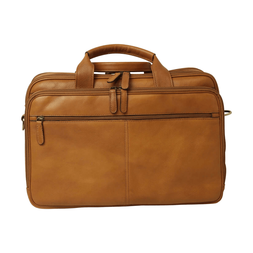 Borsa in pelle marrone con maniglia, zip centrale e patta superiore
