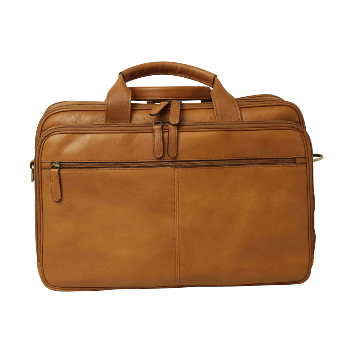 Borsa in pelle marrone con maniglia, zip centrale e patta superiore