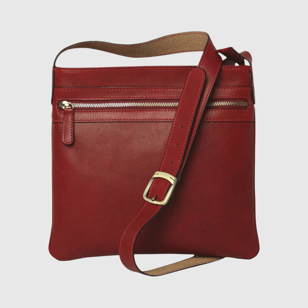 Borsa a tracolla in pelle rossa con tasca frontale e tracolla regolabile in cuoio