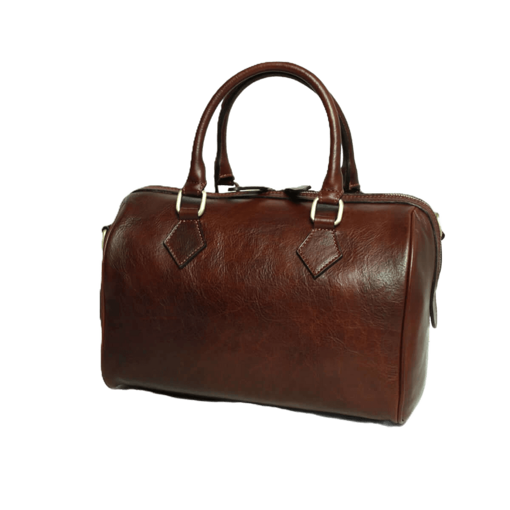 Bauletto in pelle marrone con due manici e chiusure frontali