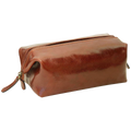 Astuccio cosmetici in pelle marrone con cerniera e tracolla in pelle.