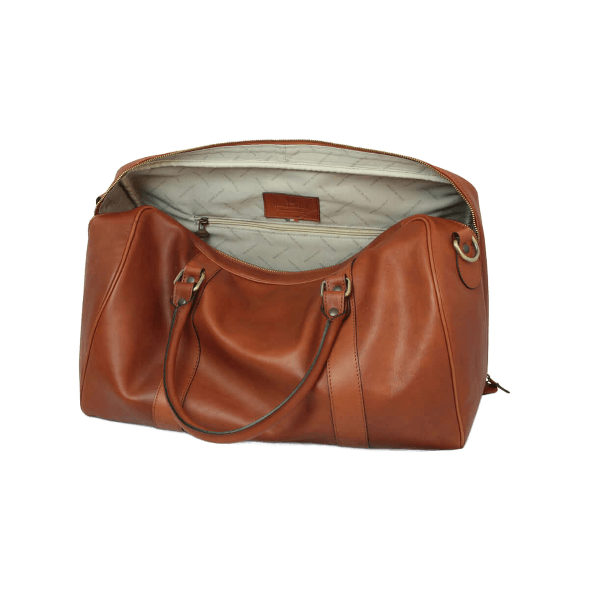 Borsa da viaggio in pelle pieno fiore cuoio, vista interna con fodera chiara e tasca.