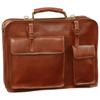 Cartella in pelle marrone con fibbie, manici, tasche frontali e chiusure