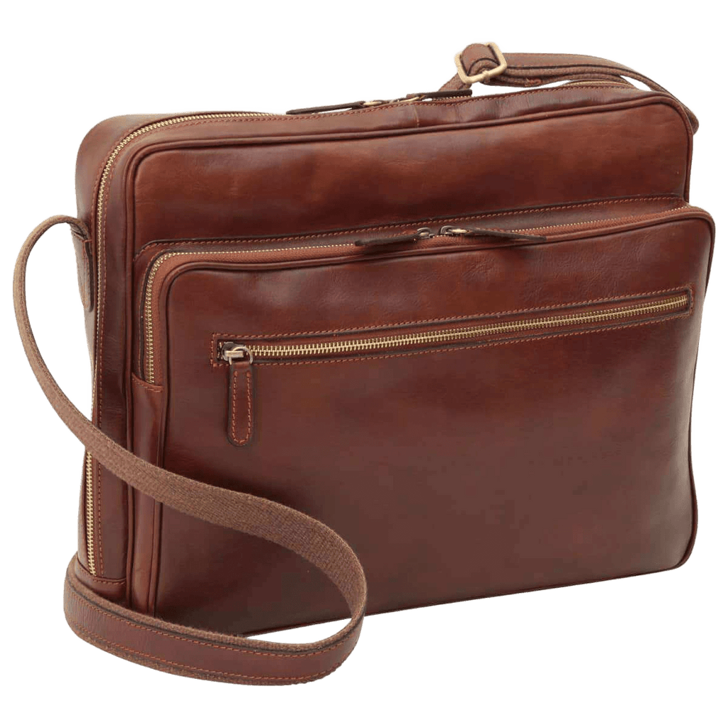 Tracolla in pelle marrone con zip frontale e tracolla regolabile