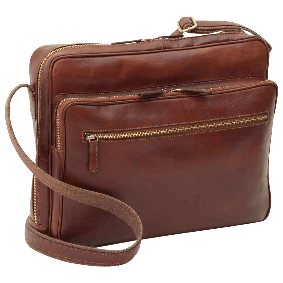 Tracolla in pelle marrone con zip frontale e tracolla regolabile