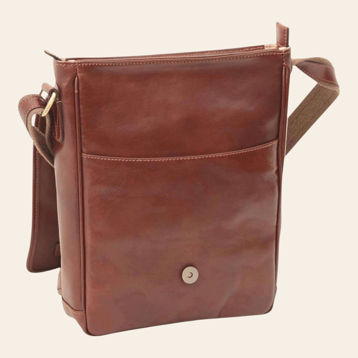 Borsa messenger marrone con chiusura magnetica tonda e tracolla laterale
