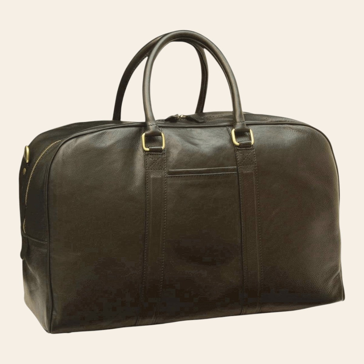 Bolsa de viaje negra de piel de becerro curtida al vegetal con asas y bolsillo frontal