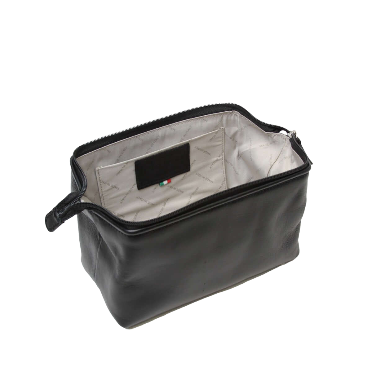 Beauty case in pelle nero aperto con fodera grigia e tasca interna