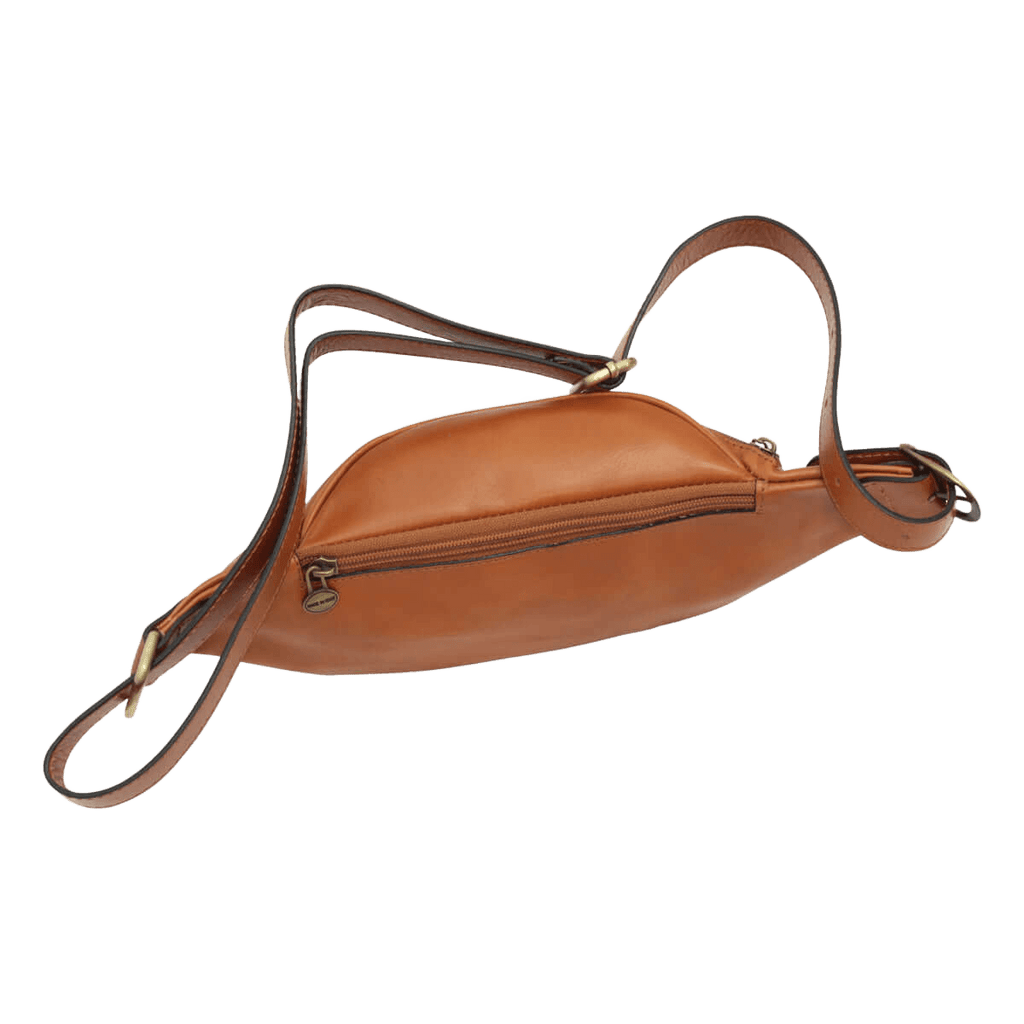 Marsupio in pelle marrone con tracolla e chiusura a zip