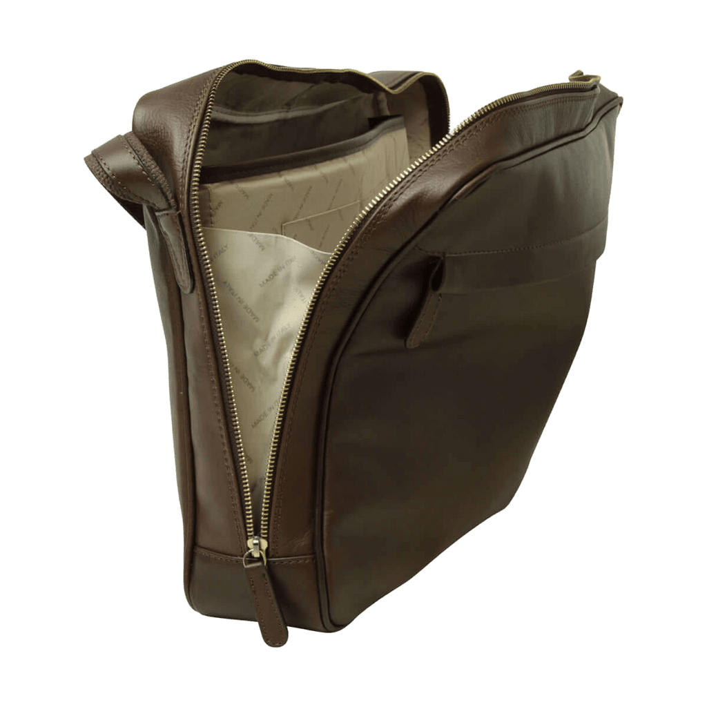 Borsa messenger marrone scuro in pelle, interno foderato visibile con zip