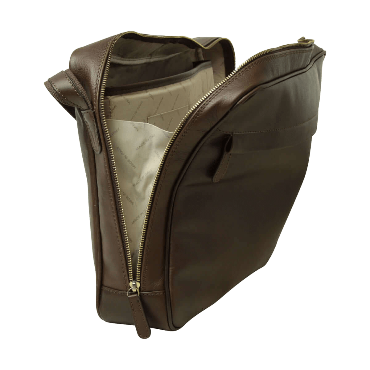Borsa messenger marrone scuro in pelle, interno foderato visibile con zip