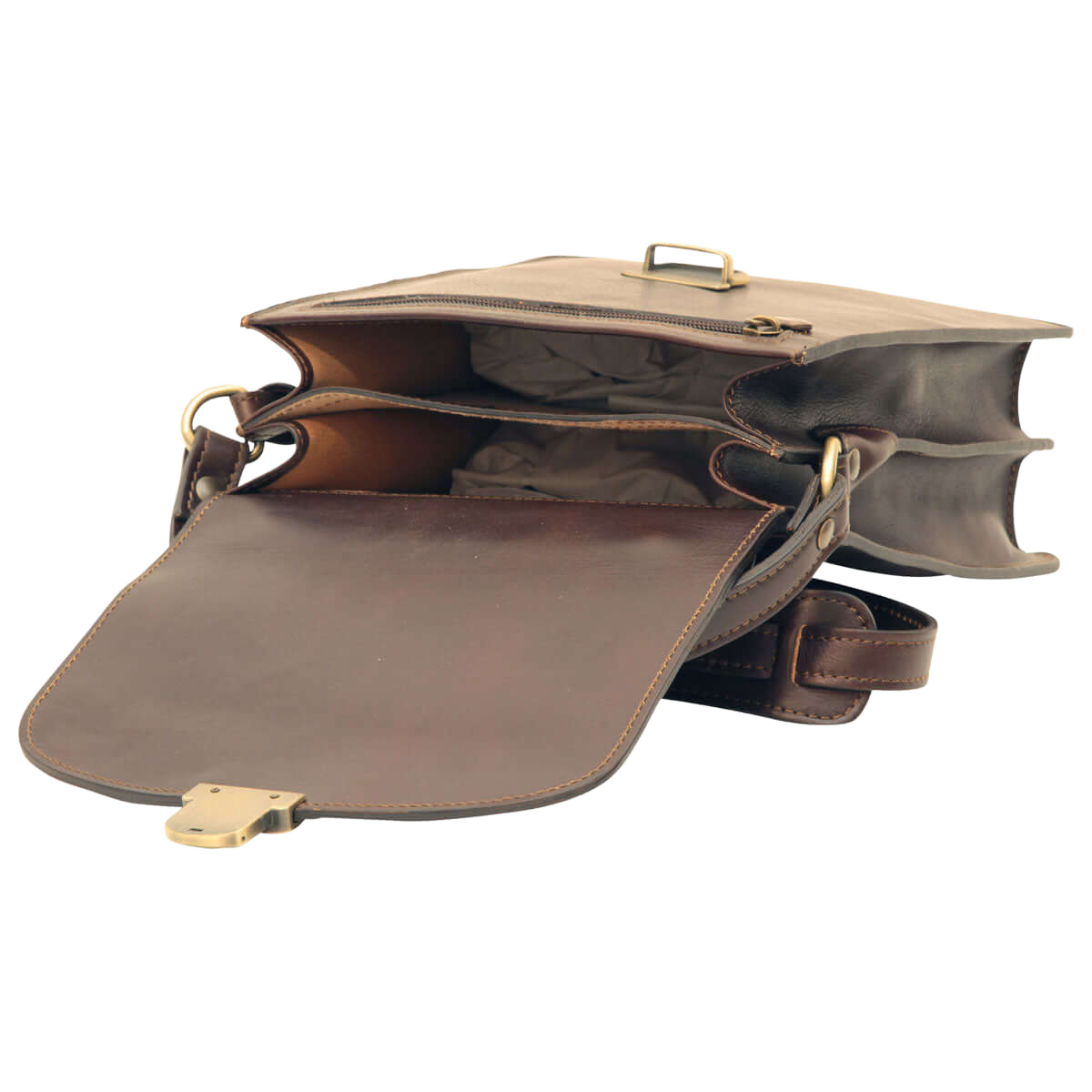 Borsa a tracolla in pelle marrone da uomo con scomparti interni, chiusura con clip e tracolla regolabile