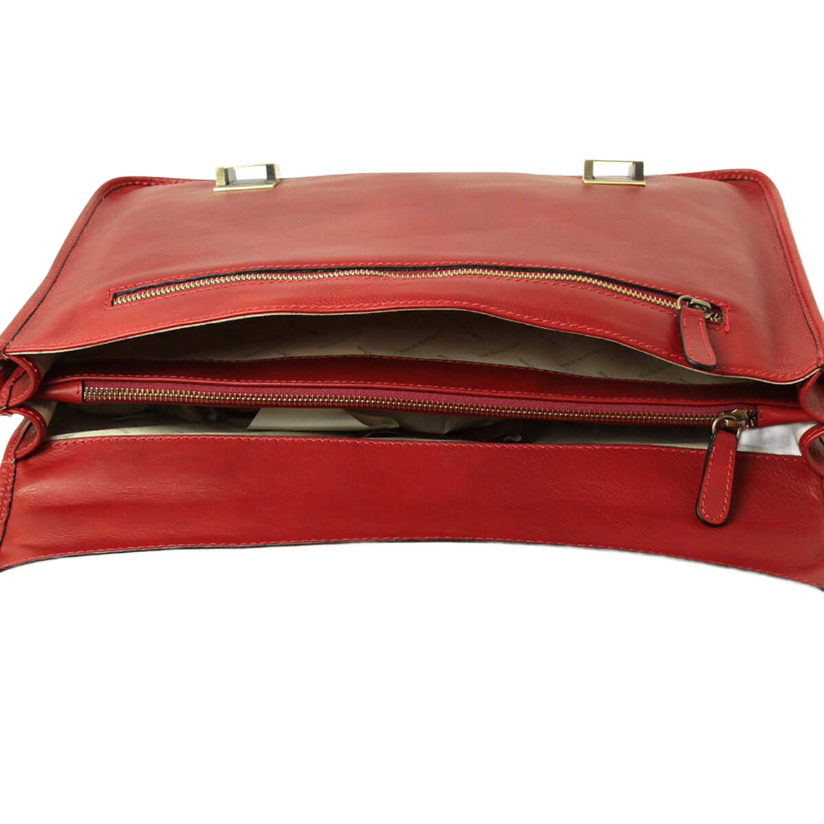 Cartella in pelle di vitello rossa aperta con tasca interna e zip in evidenza
