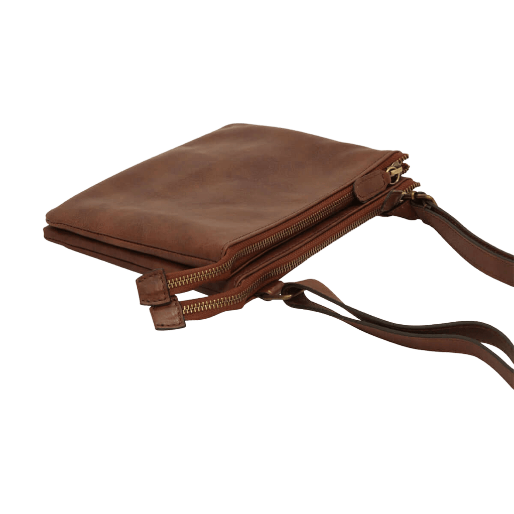 Borsa a tracolla in vitello pieno fiore marrone, zip frontale e tracolla in pelle