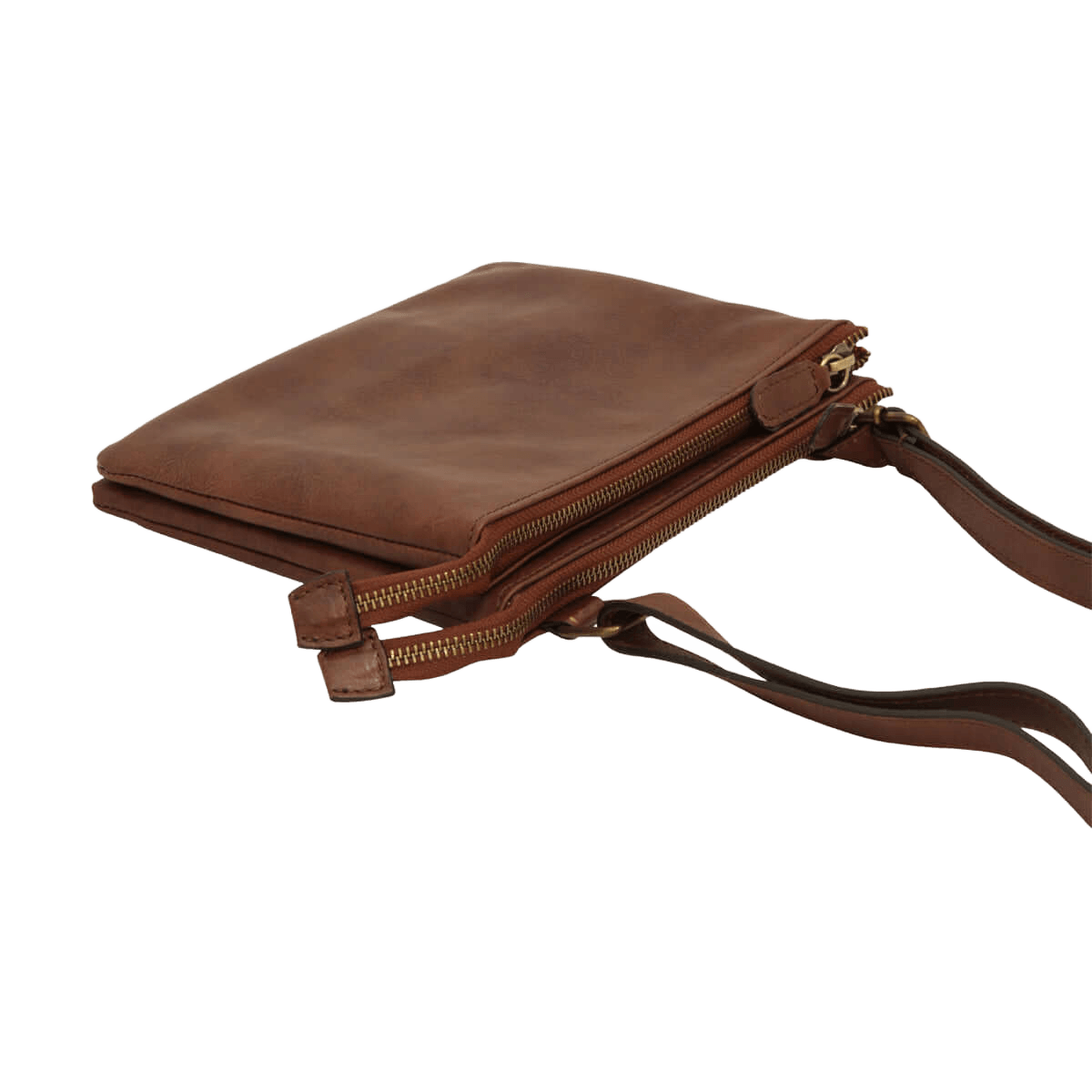 Borsa a tracolla in vitello pieno fiore marrone, zip frontale e tracolla in pelle