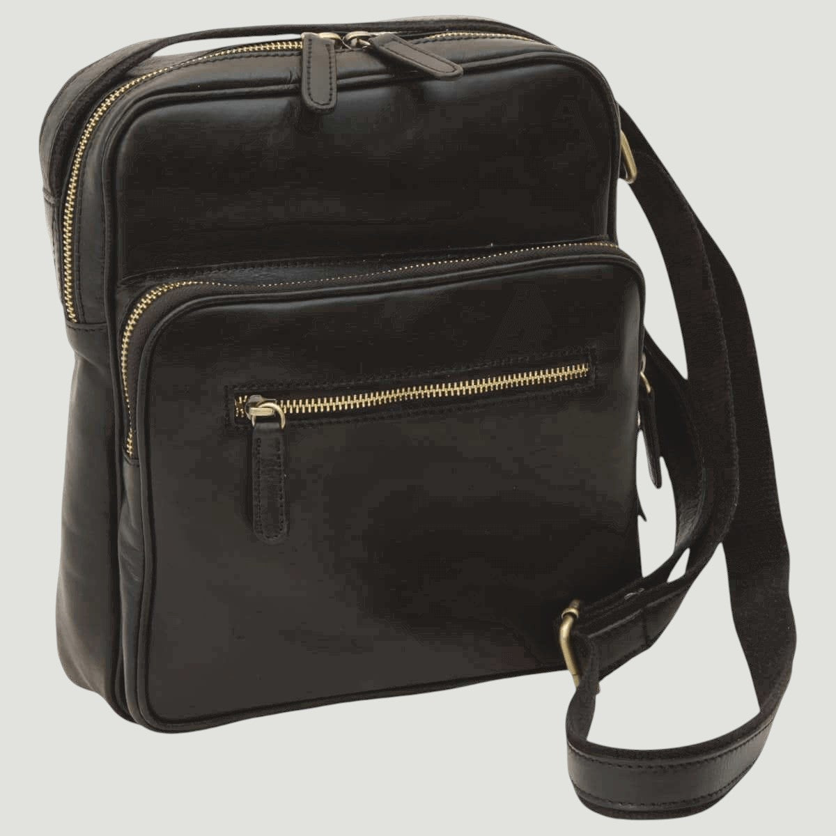 Borsa messenger in pelle nera piccola con chiusura zip e tracolla regolabile