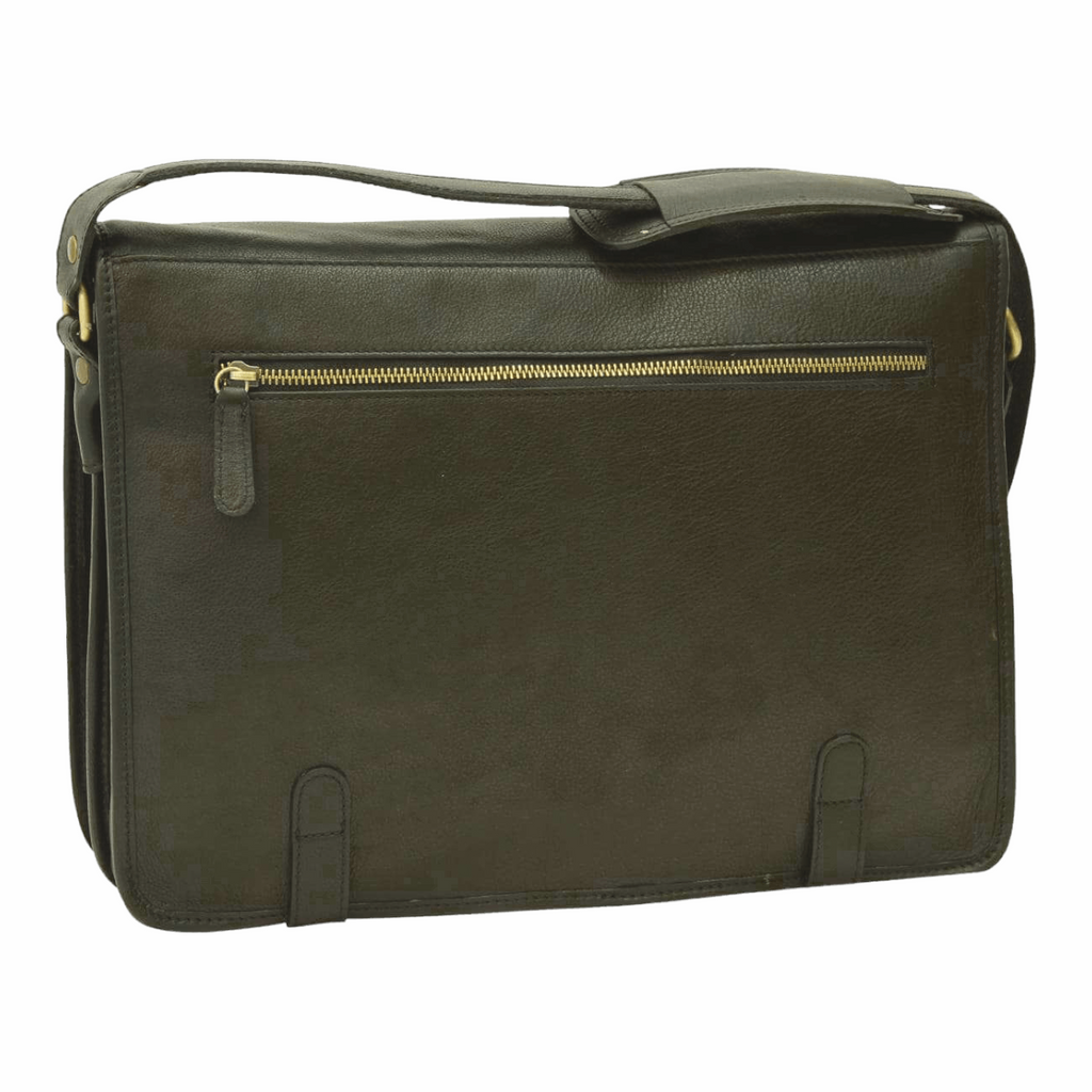 Borsa messenger in vitello nappato scura con due fibbie frontali e zip superiore