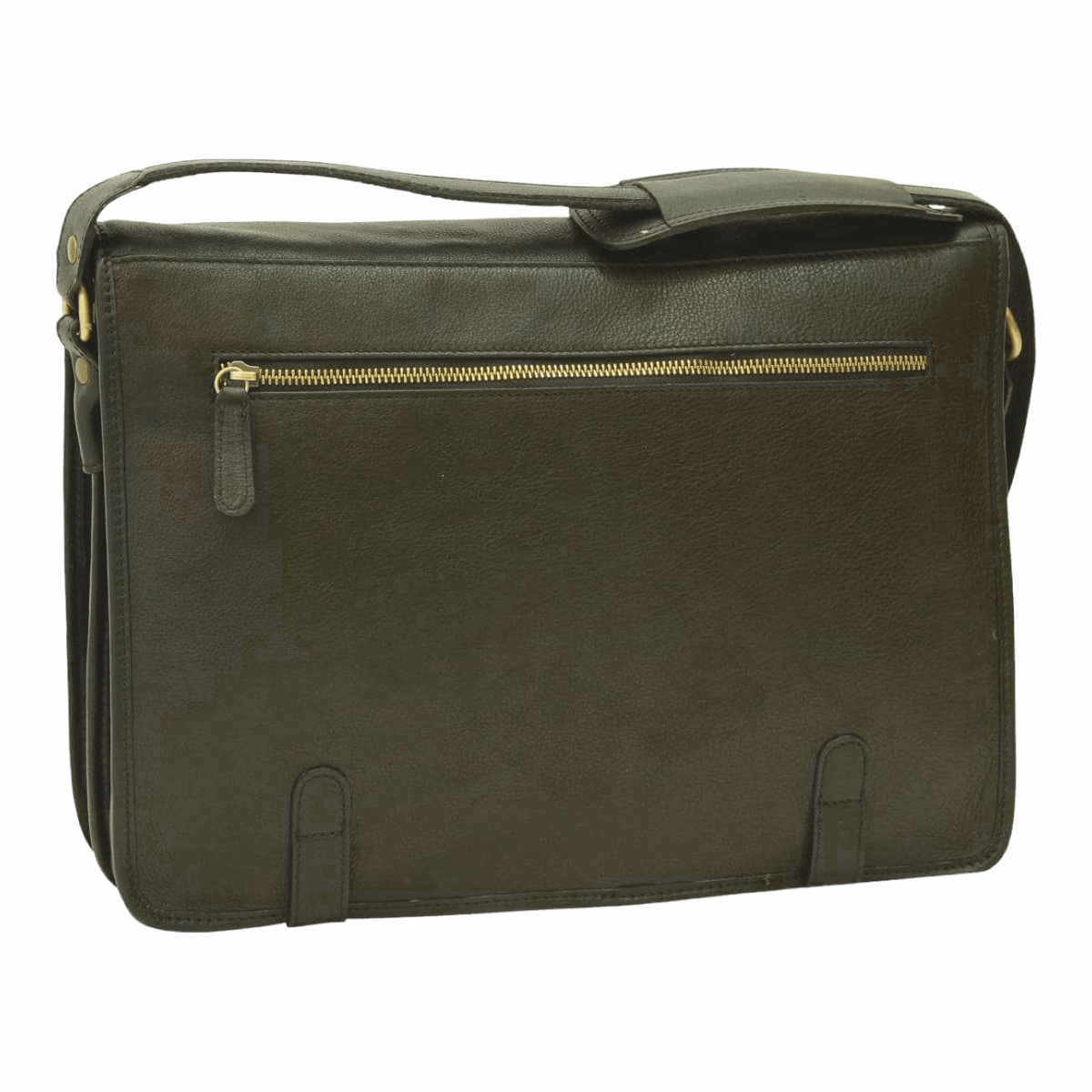 Borsa messenger in vitello nappato scura con due fibbie frontali e zip superiore