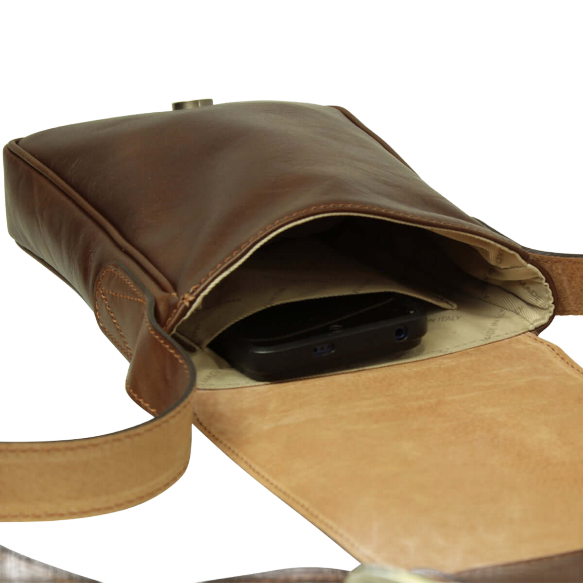Borsa a tracolla in pelle castagna Old Angler con apertura e interno chiaro
