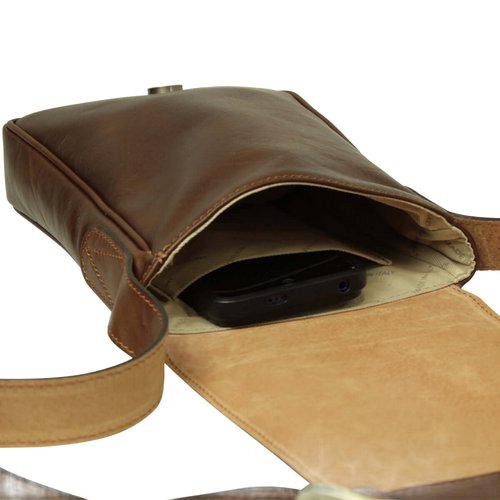 Borsa a tracolla in pelle castagna Old Angler con apertura e interno chiaro