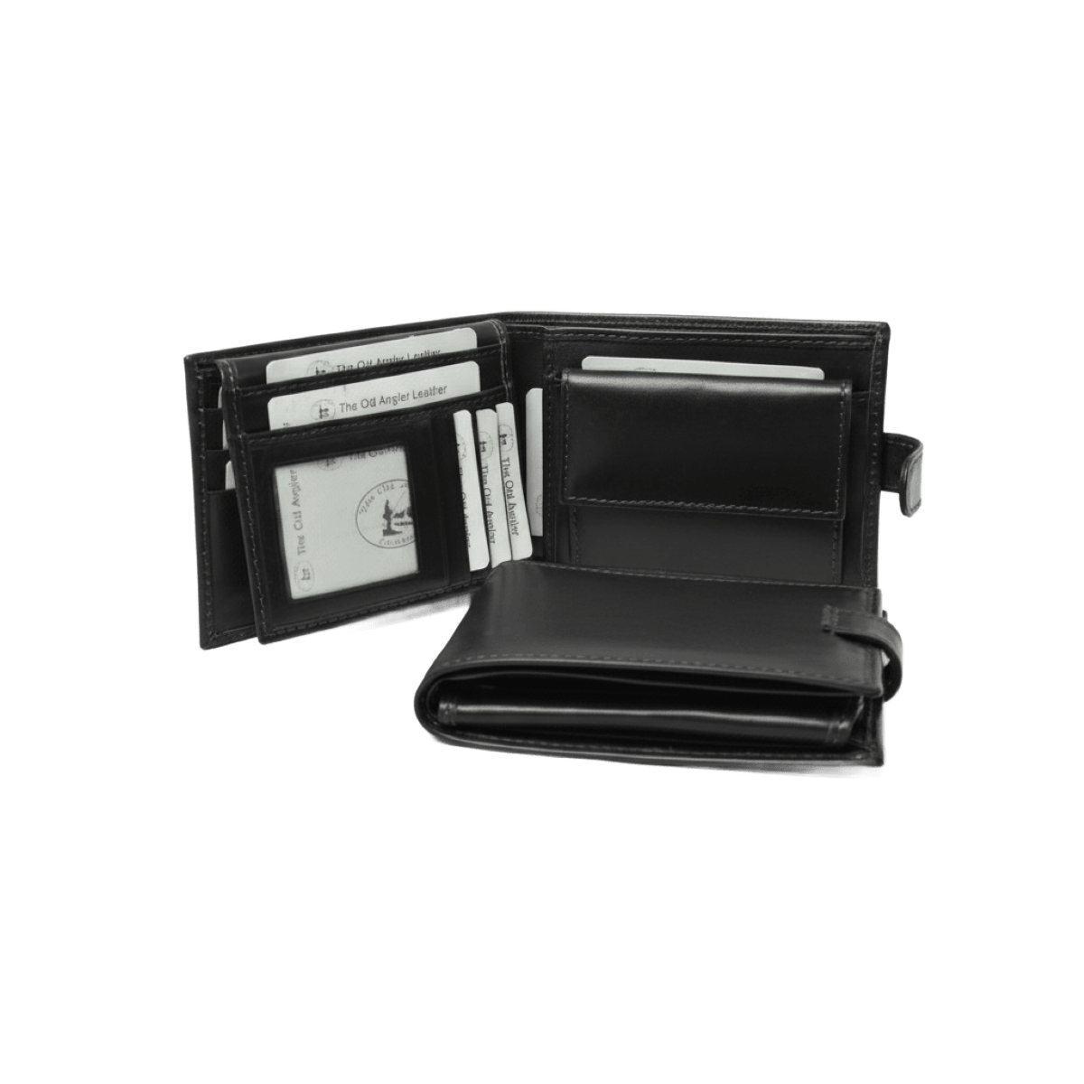 Portafoglio bifold in pelle nera, aperto, fessure carte e tasca per banconote con pattina.
