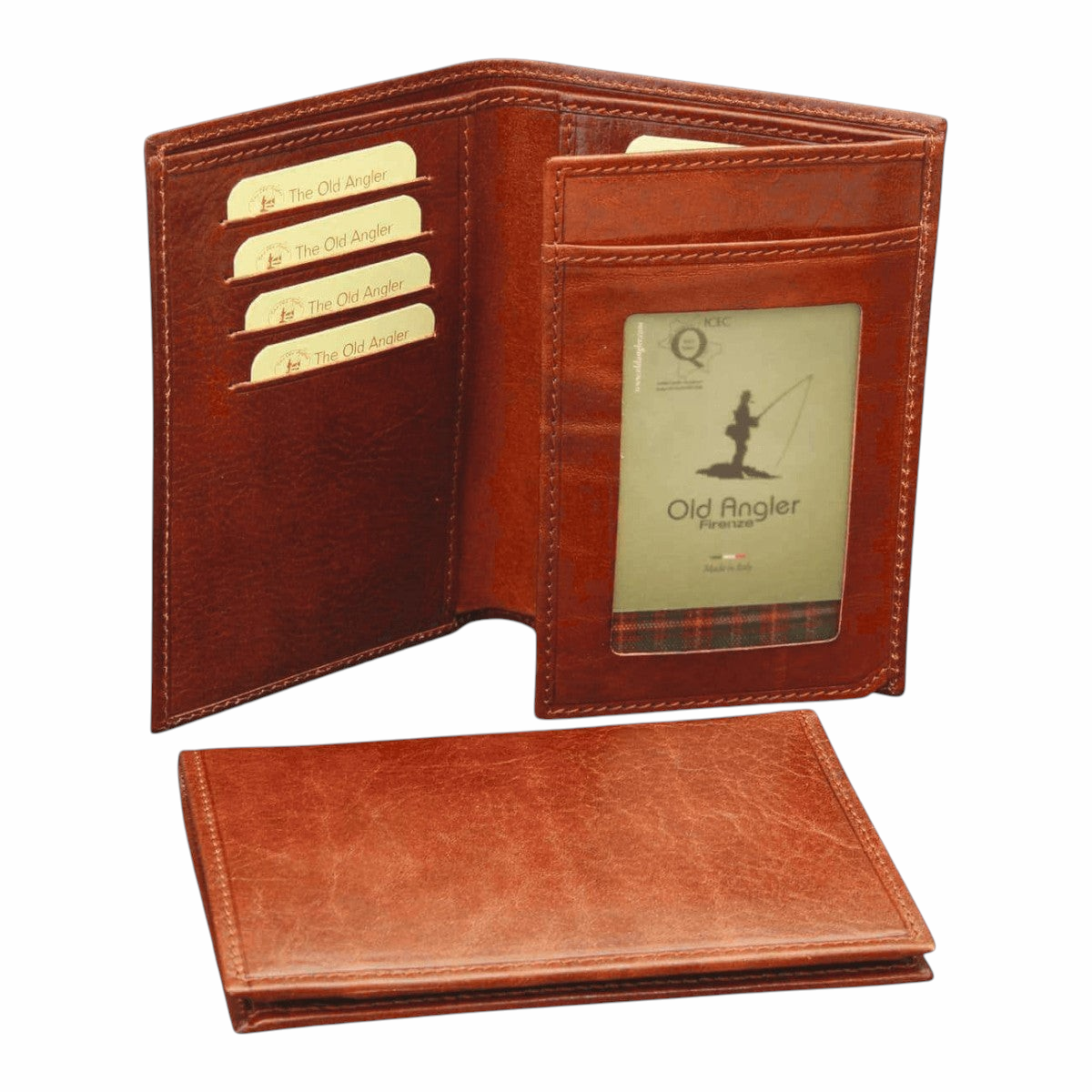 Portafoglio in pelle marrone aperto con tasche per carte