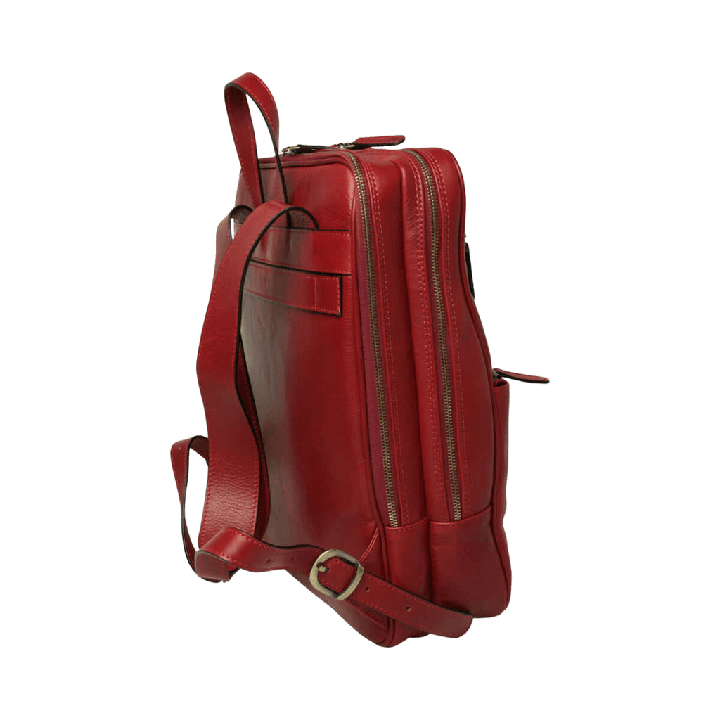 Zaino in pelle rosso con pannello posteriore imbottito e tasche con zip