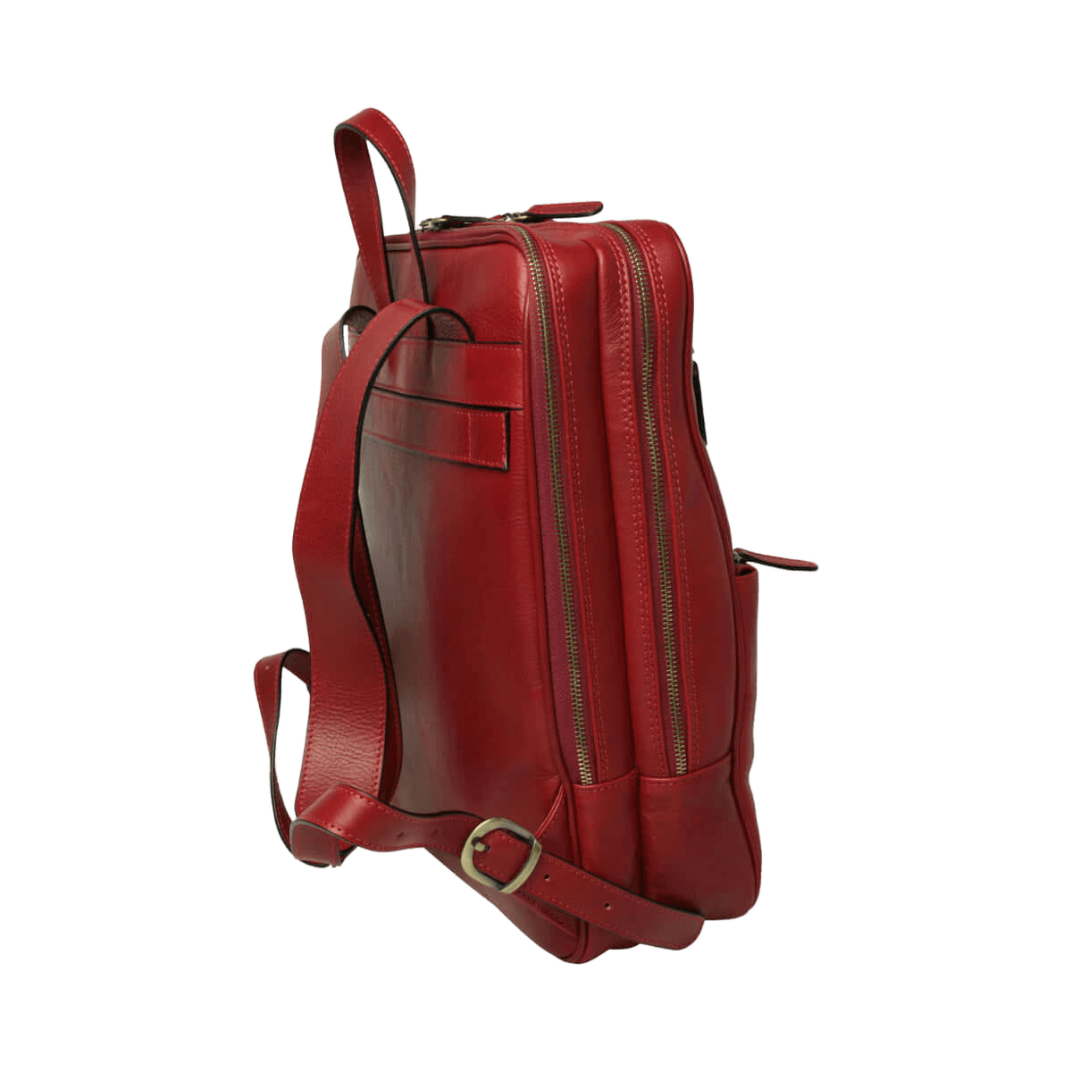 Zaino in pelle rosso con pannello posteriore imbottito e tasche con zip