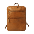 Zaino in pelle marrone con zip frontale e fascia per trolley, maniglia superiore.