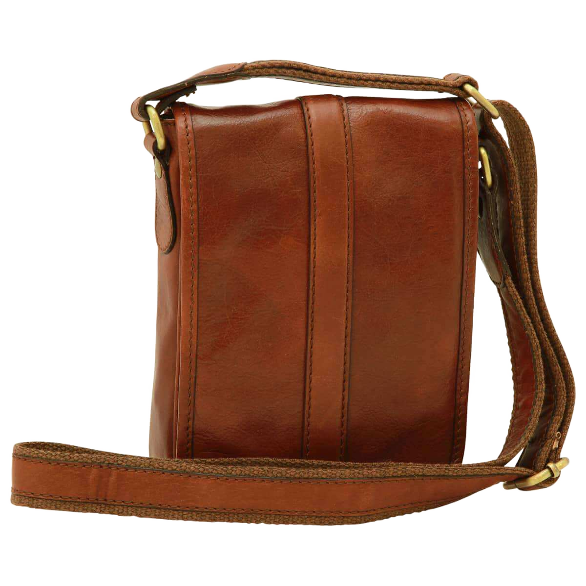 Borsa uomo in pelle marrone con tracolla e cuciture verticali, zip frontale