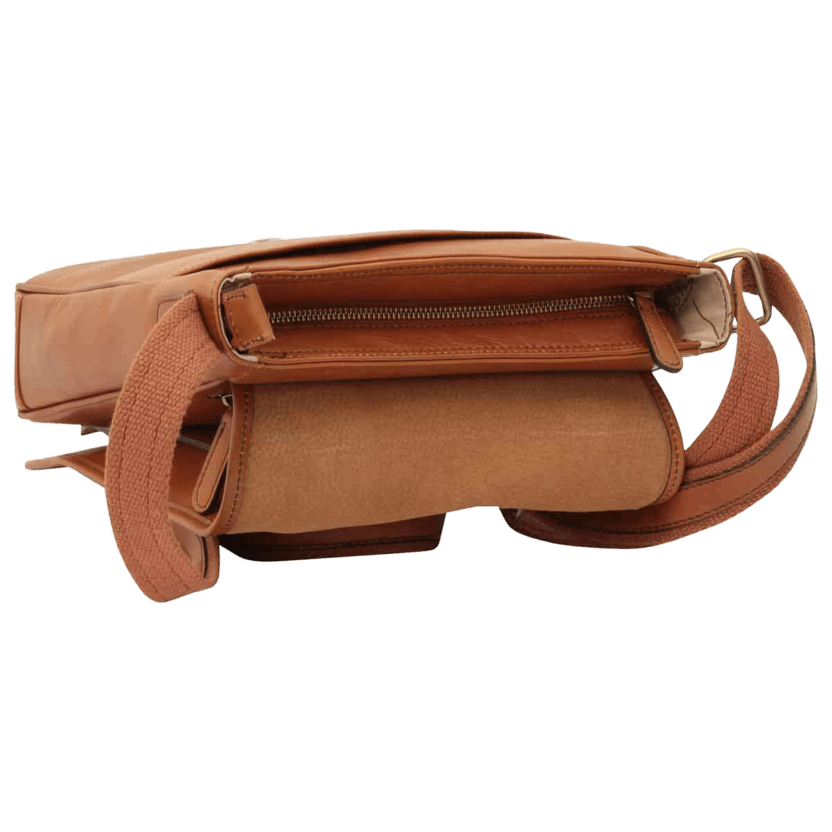 Borsa messenger marrone con zip superiore e tracolla, vista laterale