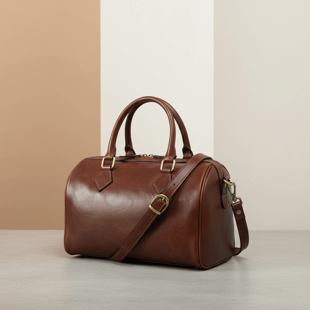 Bauletto in pelle marrone con tracolla e fibbie in metallo