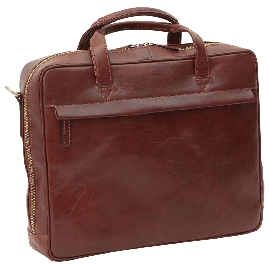 Cartella in pelle marrone con manico e chiusura lampo sul davanti.