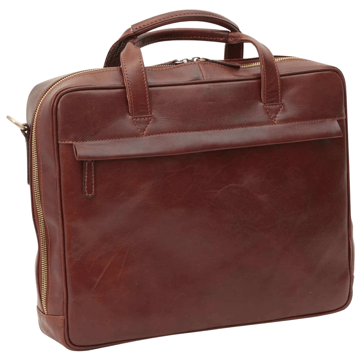 Cartella in pelle marrone con manico e chiusura lampo sul davanti.