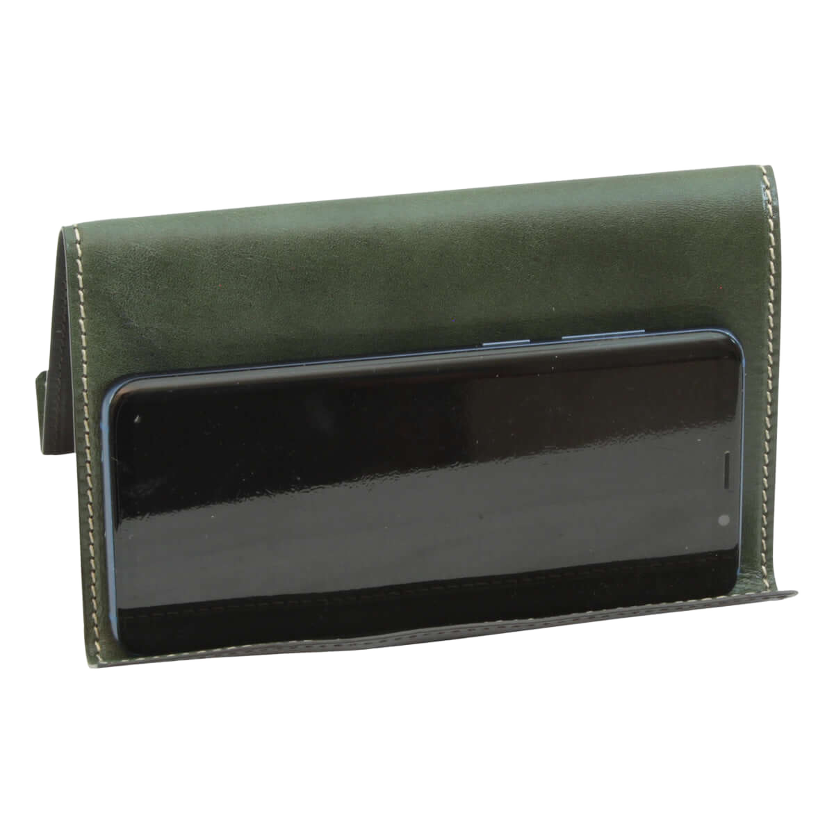 Supporto in pelle verde per iPad e iPhone, tasca frontale con bordo e cuciture