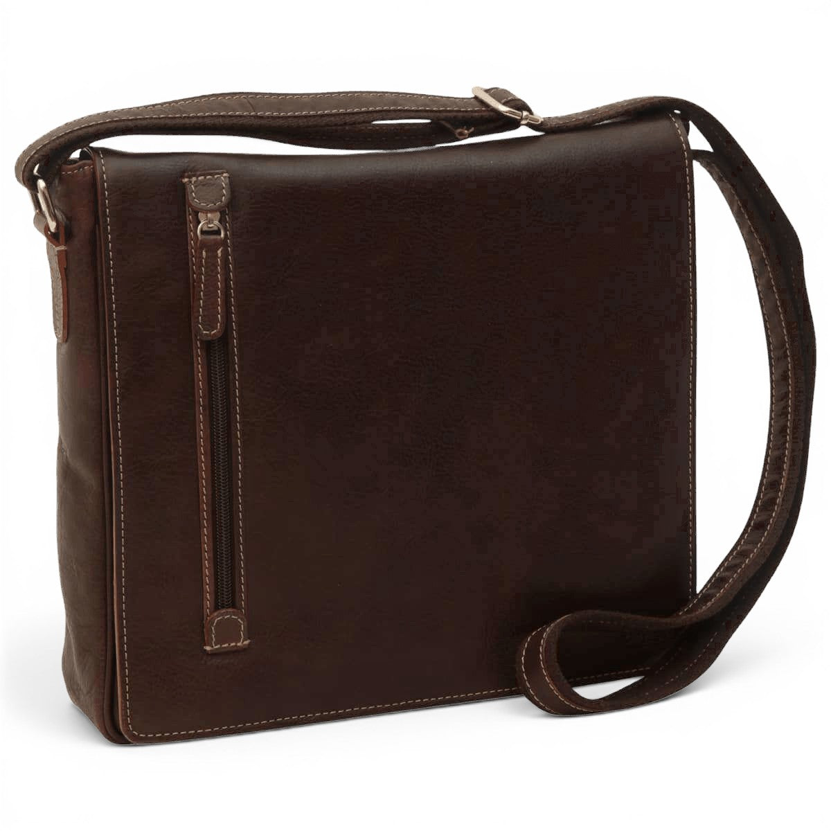 Borsa messenger in pelle marrone scuro con tracolla e zip centrale