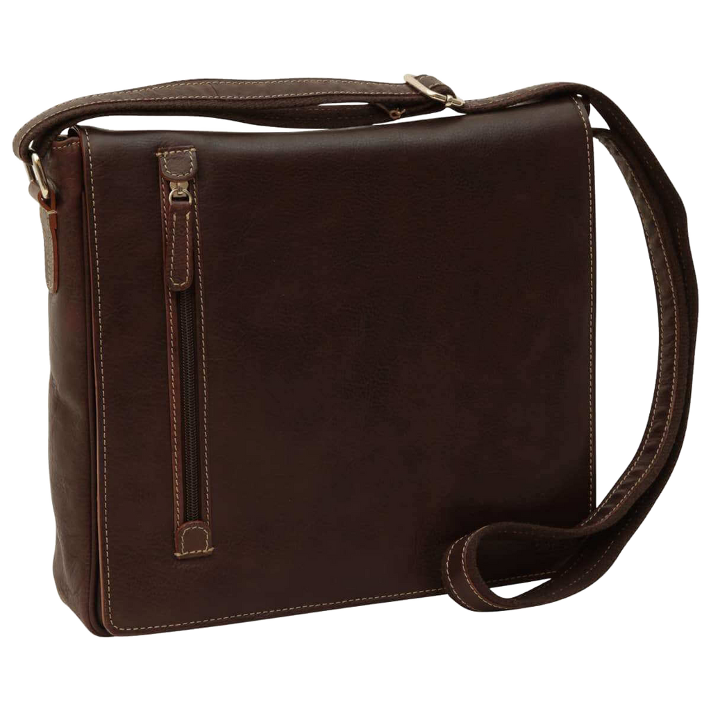 Borsa messenger in pelle marrone scuro con tracolla e zip frontale