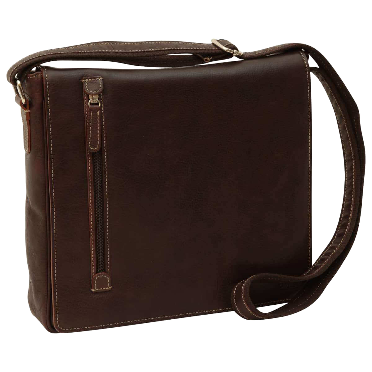 Borsa messenger in pelle marrone scuro con tracolla e zip frontale