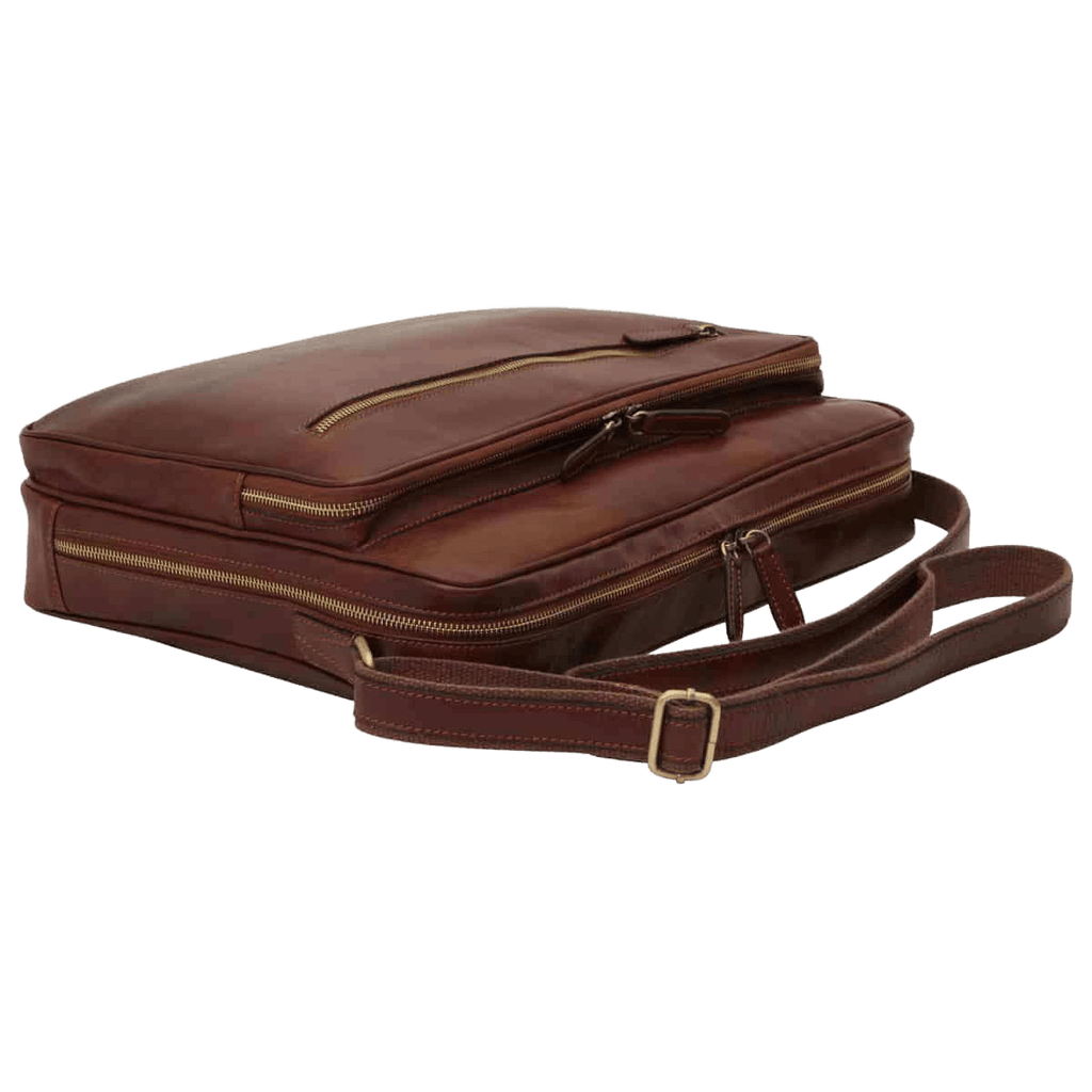 Borsa messenger in pelle marrone con zip superiore e tracolla in cuoio